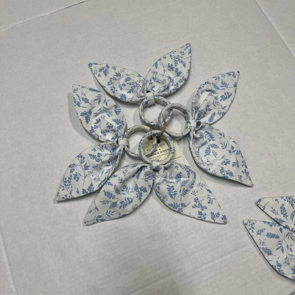 Linden Street Easter Napkin Rings Bunny‎ Rabbit Ears Fabric Blue Floral Set Of 8